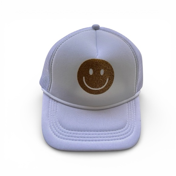 White Trucker Hat with Gold Smiley Face - Picture 5 of 5